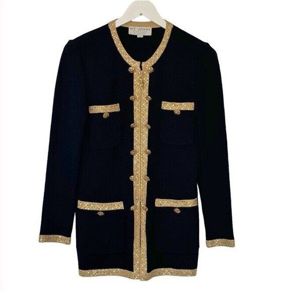 St. John Evening Santana Knit Duster Cardigan Glam Lux Military Nautical Black 2